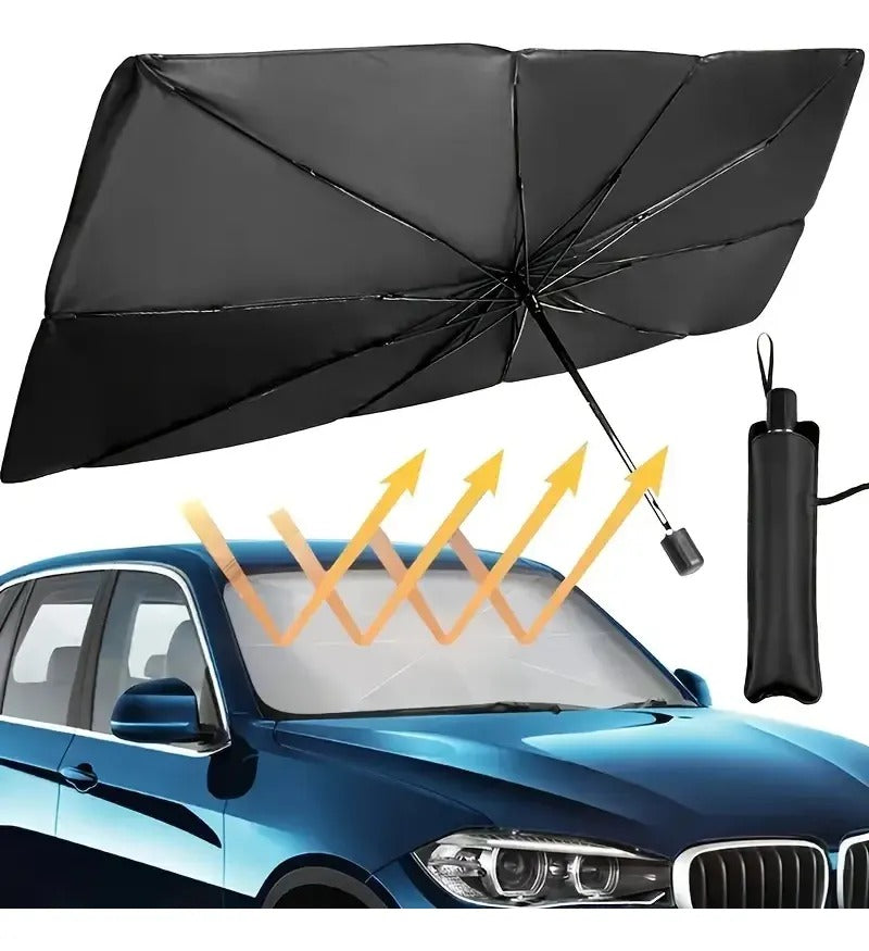 Parasol tipo paraguas abierto, plegado y colocado en un auto