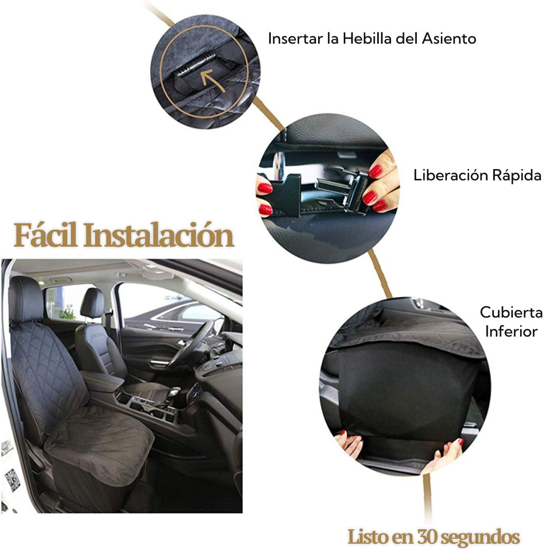 Pasos de instalación del asiento para perro: insertar la hebilla, liberación rápida y cubierta inferior, listo en 30 segundos