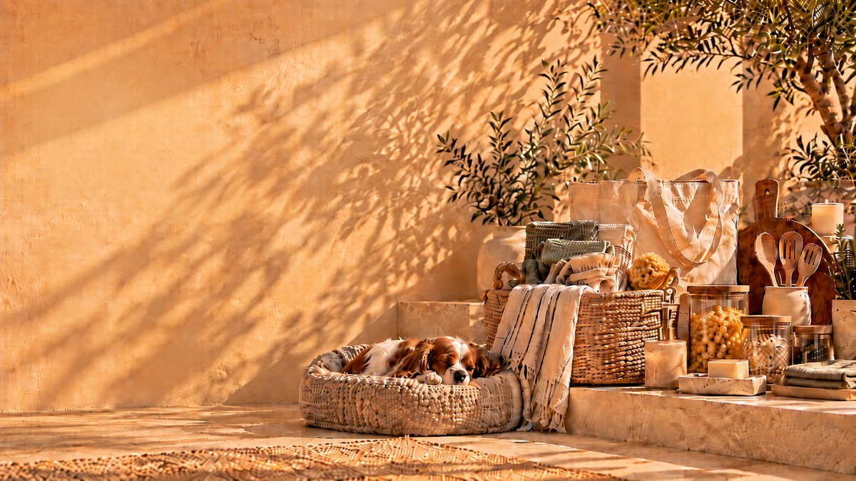 Perro durmiendo en su cama junto a canastos y objetos de hogar, sobre un muro cálido con sombras de hojas